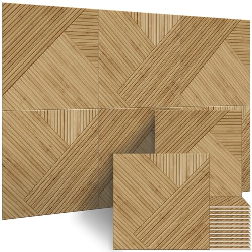 BUBOS Large Acoustic Panels,6 Pack Wood-Pattern Printing Soundproof Wall, Total Size 70.8 x 47.2 Inches Self-Adhesive Decorative Sound Absorbing Panels for Studio, Home,Light Diamond Weave