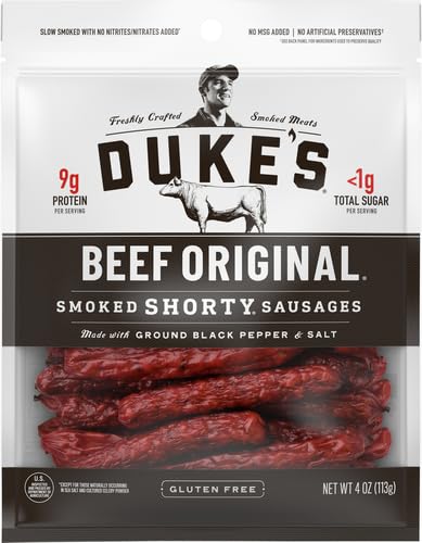 DUKE’S BEEF ORIGINAL SMOKED SHORTY SAUSAGES, 7G PROTEIN PER SERVING, GREAT FOR CHARCUTERIE BOARDS, 4 OZ.