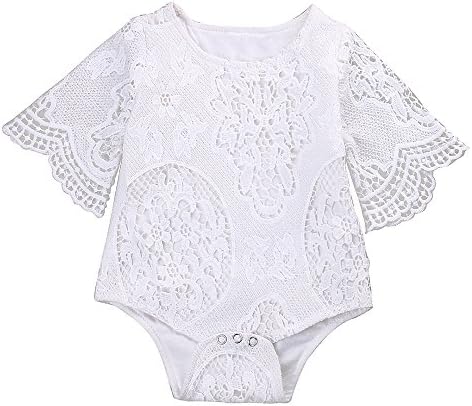 Newborn Baby Girl Clothes Flower White Ruffles Sleeve Lace Romper Sunsuit Bodysuits(6-12 Months)
