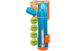 Nerf Dog 16in EXO Blaster Without Ball Clip and 2.5in Non-Squeak Tennis Ball 4-Pack Dog Toy - Light Blue/Orange and Green