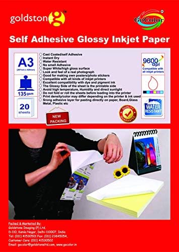 GoColor Self Adhesive Inkjet High Glossy Photo Paper - 135 GSM A3 Size (297mm X 420mm) 20 Sheet