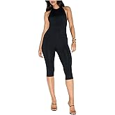 Milumia Women's Sexy Halter Backless Capri Jumpsuit Tie Back Bodycon One Piece Jumpsuits