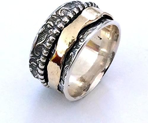 14mm wide Silver gold unisex wedding band Meditation spinner ring Boho chic mixed metals ring - Dream away R2160