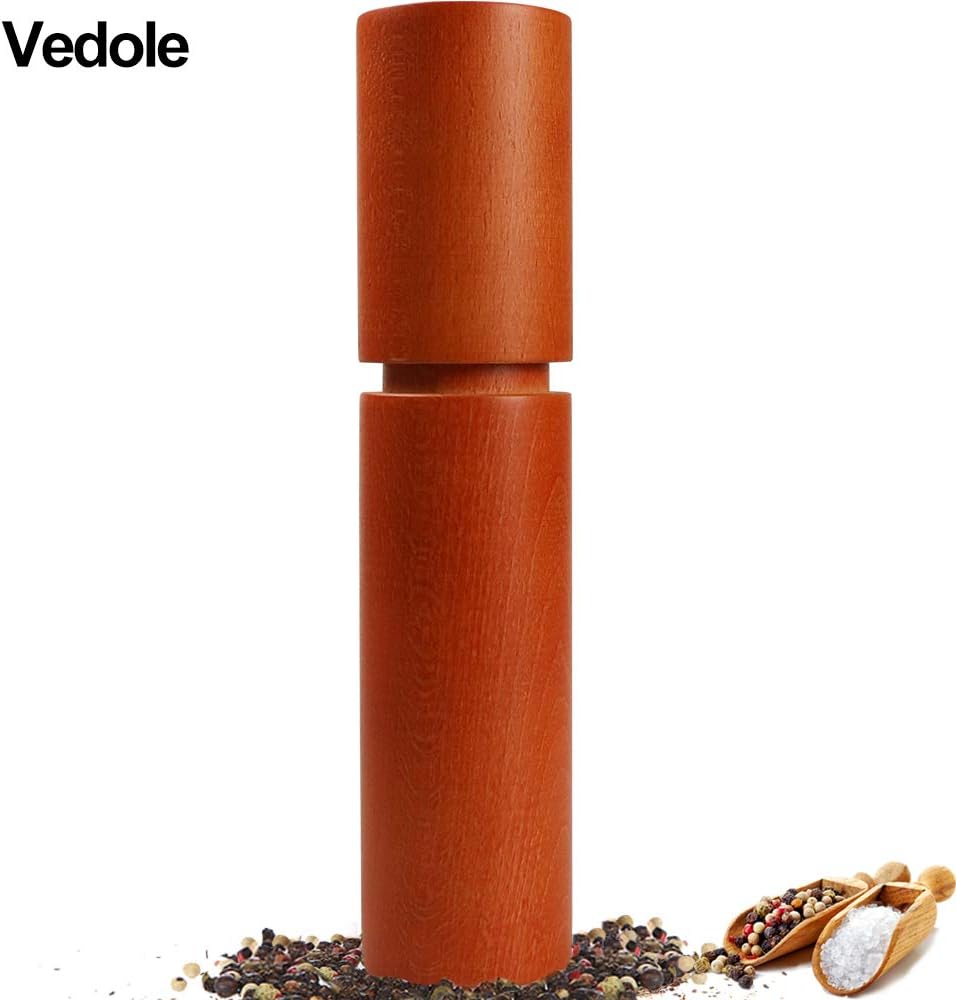 Pepper and Salt Grinder, Solid Wood Pepper Mill Spice Mill with Hand Rotate Movement Grinders, and Strong Adjustable Coarseness Fine to Coarse (9 inches, Orange)