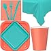 Disposable Party Supplies for 28 Guests - Coral and Caribbean Teal - Square Dinner Plates, Square Dessert Plates, Cups, Lunch Napkins, Cutlery, and Tablecloths: Premium Quality Tableware Set
