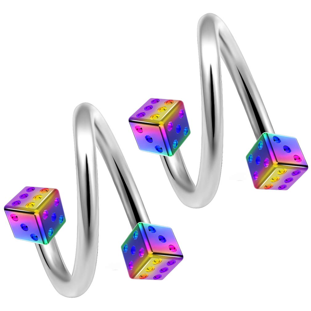2pc Twisted Barbell 1.2mm 16g Dice Piercing Earrings Helix Cartilage Twist 316LVM Surgical Steel Daith Spiral Navel Bar Banana Button Ring Navel Gauge Twister Body Jewellery 10mm Rainbow Anodized