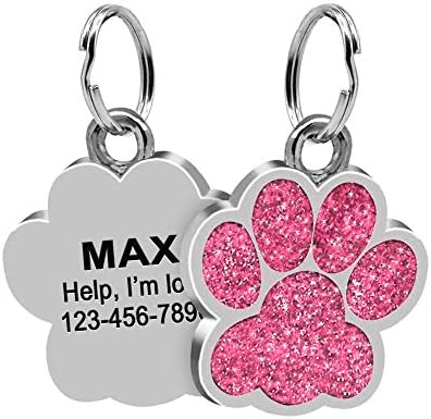 Paw Sparkly Shape Dog ID Tag Stainless Steel Custom Laser Engraved, Cute Bling Glitter Pet Name Tags Personalized with Durable Engraving