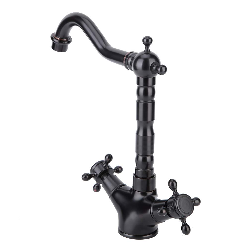 Sink Faucet, 360° Swivel Spout Hot&Cold Brass Water Tap, European Vintage Dual Handle Lever Black Kitchen&Bathroom Faucet(G1/2")