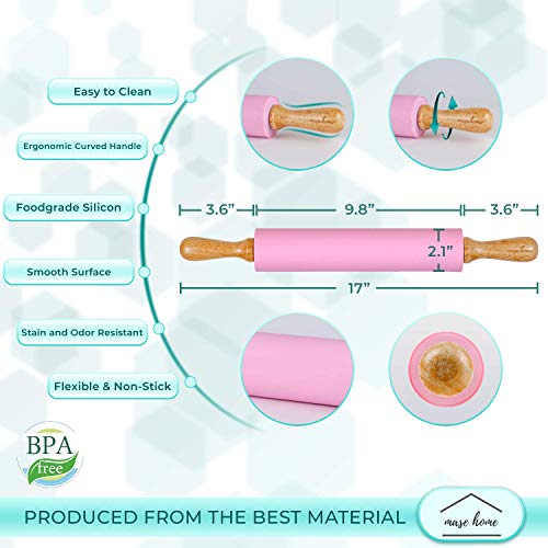 Rolling Pin and Pastry Mat Set - Non Sticks Silicone Mats for Baking Dough Roller with Silicon Spatula - Reusable Unique Design for Decoration Maker on Cake and Cookies - Pizza Wheeler