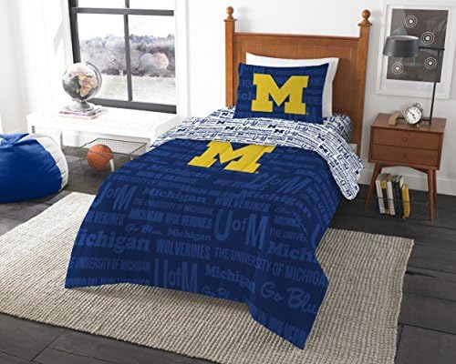 4 Piece NCAA Wolverines Comforter with Sheets Twin Set, Blue Yellow Sports Patterned, Collegiate Football Themed Bedding, Team Logo Fan Merchandise Athletic Team Spirit Fan, Polyester, For Unisex