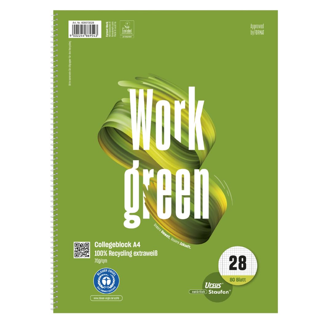 Staufen 608572028 Green College Notebook, DIN A4, Work Motif, Line Style 28 (5 mm Squared with Margin Lines), 80 Sheets, 4 Holes, Premium White 70 g/m² Recycled Paper, Paper, Pack of 5