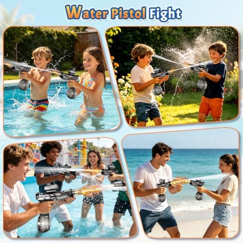Elektrische Wasserpistole für Erwachsene & Kinder, Transparent Automatik Wasserspritzpistole mit simuliertem Flammenlicht, Große Reichweite Elektrische Spritzpistolen Spielzeug für Pool Strand