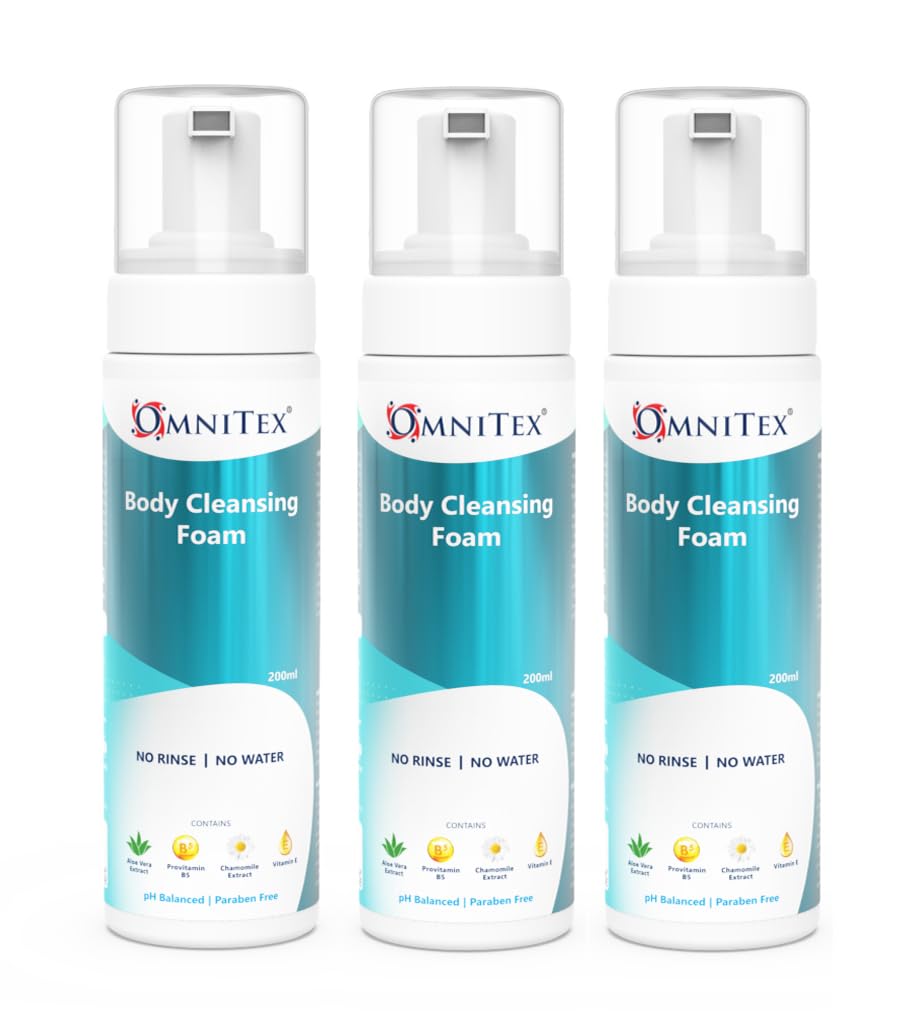 3x 200ml Omnitex Rinse Free Body Cleansing Foam, With Herbal Oils & Vitamins | No Water - No Rinse Body Wash | Clean, Nourish & Protect, No Parabens, Latex Free, Alcohol Free, Dermatologically Tested