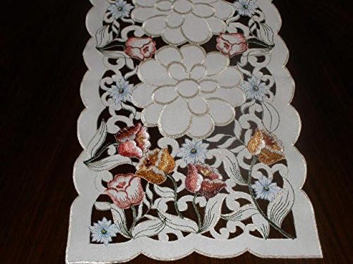 Tapestry Trading LY0046-1472 13 x 72 in. Embroidered Tulips Cutwork Table Runner44; Ivory