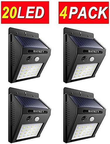 Solar Lights, RAYKEY Solar Lights Super Bright 20 LED Wireless Waterproof Motion Sensor 3 Modes Solar Powered Light for Deck, Patio, Yard, Garden with Motion Activated Auto On/Off(4PACK)