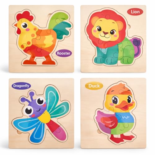 Kit 4 Quebra-Cabeças de Madeira Infantil Montessori | Brinquedo Educativo de Encaixe com Animais | Coordenação Motora e Aprendizado para Crianças 2 a 4 Anos (ANIMAIS)