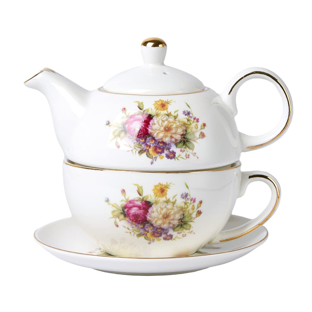 CHILDIKE Tea for One, Teapot Tea Cup and Suacer Gifts for Women Vintage Floral Tea Set for 1