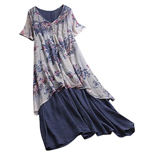 DondPo Dress Womme Plus Size Vintage V Neck Splicing Floral Printed Irregular Sleeveless Summer Beach Maxi Dresses Blue