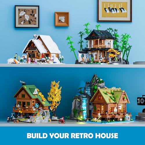 Lumibricks Waterfall Cabin Building Set with Light – 2539 Pieces Retro Wooden House with Moving Waterfall & Nature Scenery, Collectible for Adults
