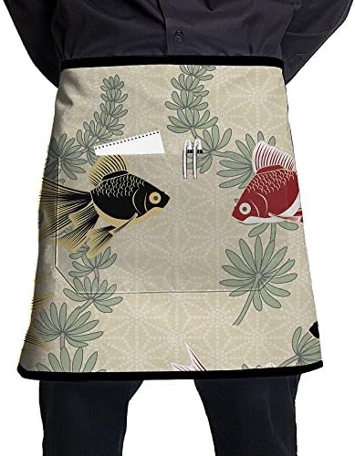 GoldFish Wallpaper Pattern Stylist Waist Chef Apron With Pockets, Restaurant Short Bistro Family Half Aprons For Men Women, 21.3 X 17.7 Inches, Black