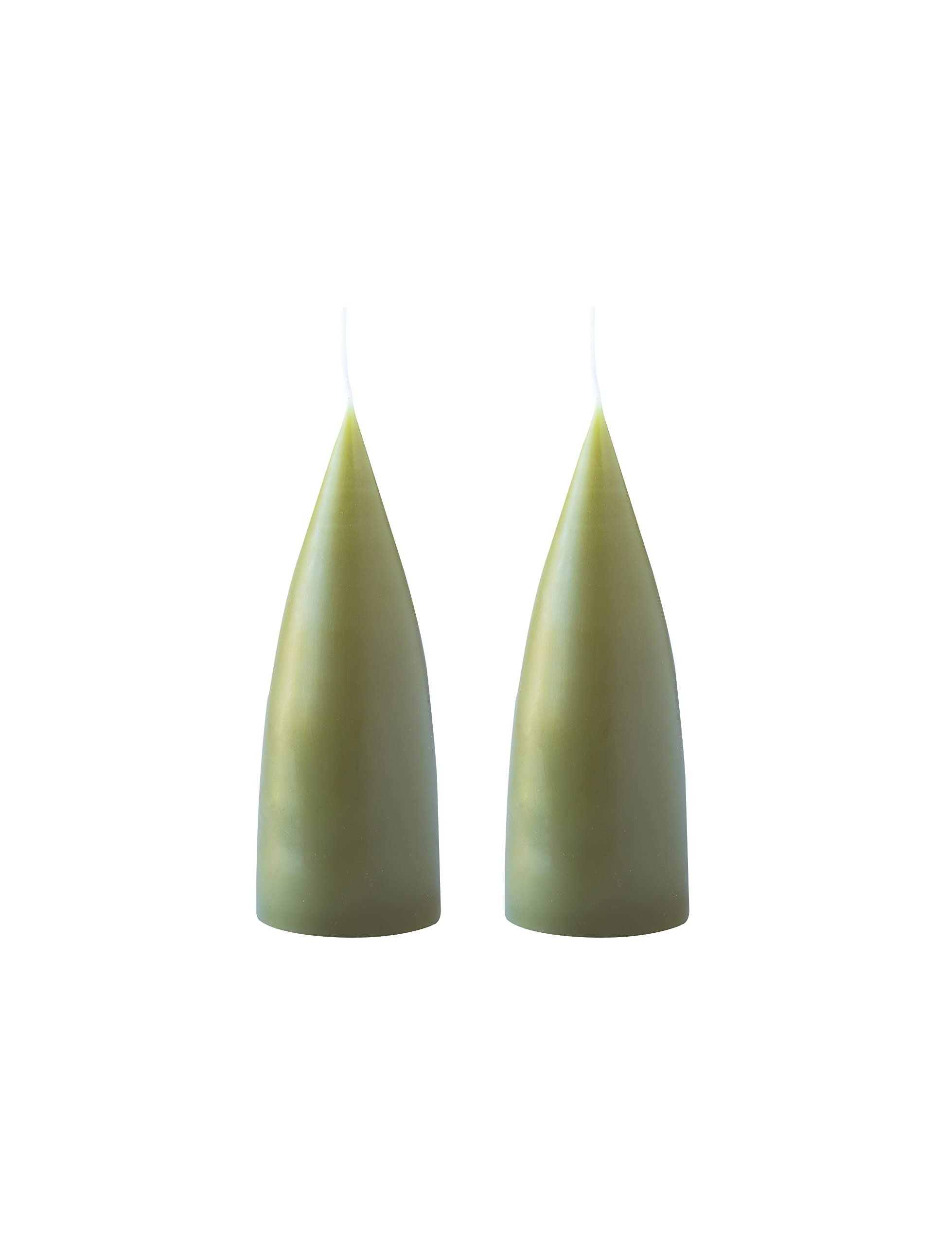 Kunstindustrien® Cone Shaped Candles, Made in Denmark, 43 colours available, Dripless & Smokeless Pillar Candles, Candles long burning 15 hours, Unscented Candle gift set, 2pcs 6.5x16cm (Olive Green)