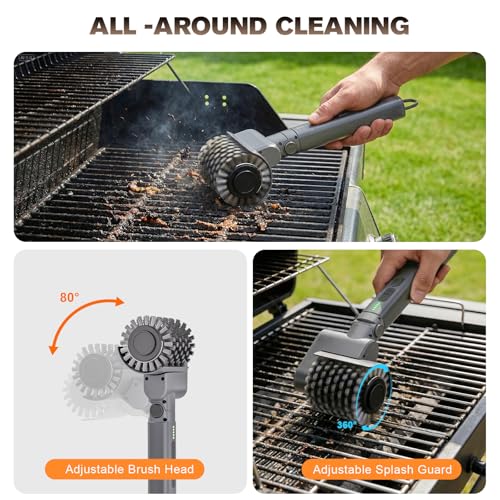 Electric Grill Brush, Cordless Rechargeable Electric Grill Cleaner with 2 Heads, 3 Speeds, Angle Adjustable, 150-Min Runtime BBQ Brush for Outdoor Barbecue Grates