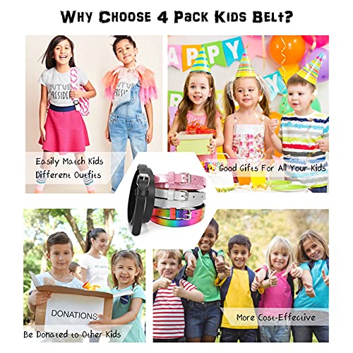 4 Pack Kids PU Leather Skinny Belt for Girls Boys Teen Child Thin Shiny Glitter Waist Belt for Jeans Dress, Black+Silver+Pink+Rainbow,Fits Waist Size 27-31 Inches