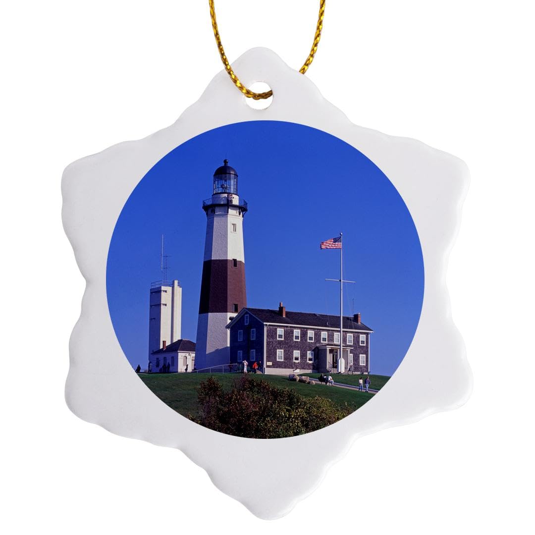 3dRose Lighthouse, Montauk Point, Long Island, New York, USA Snowflake Ornament, Multi-Colour, 3-Inch