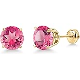 Gem Stone King 14K Yellow Gold Pink Mystic Topaz Stud Earrings for Women | 4.00 Cttw | Gemstone November Birthstone | Round 8MM