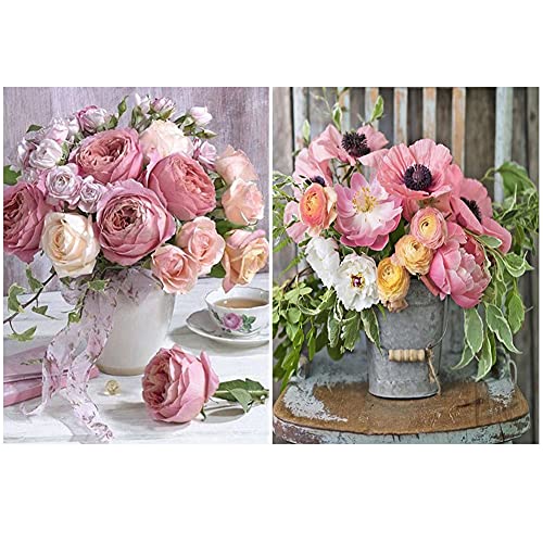 2 Pack 5D Diamond Painting Art Full Drill Kits, Beautiful Rose with Vase Embroidery Painting, Diamond Painting Kits DIY Art Craft Gift for Home Wall Decor (12In x 12In)
