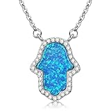 Kaletine Hamsa Hand of Fatima Pendant Necklace Sterling Silver 925 Synthetic Opal Cable Chain 16
