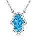 Hamsa Hand of Fatima Pendant Necklace Sterling Silver 925 Synthetic Opal Cable Chain 16