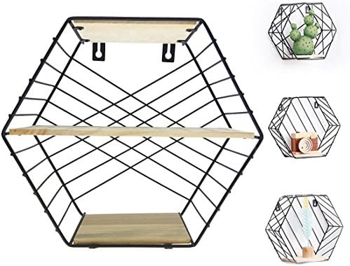 Alrsodl Iron Art Black Hexagon Geometric Grid Double-deck Wall Mount Decoration Kitchen Living Room Storage Wire Basket Rack