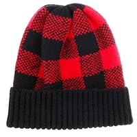 CRUOXIBB Winter Soft Stretch Buffalo Plaid Cuff Beanie Hat Thick Chunky Warm Knit Skull Ski Cap Black/Red