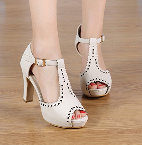 getmorebeauty Women's Vintage Suede Ankle T Straps Dress Block Heeled Sandals Pumps (8 B(M) US, Ivory) - Thumbnail 5