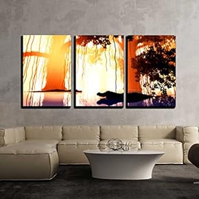 3 Piece Canvas Wall Art - Aligators in Mysterious Fairy Tale Fantasy Deep Jungle in Water at Night 3D Illustration - Modern Home Art Stretched and Framed Ready to Hang - 16"x24"x3 Panels