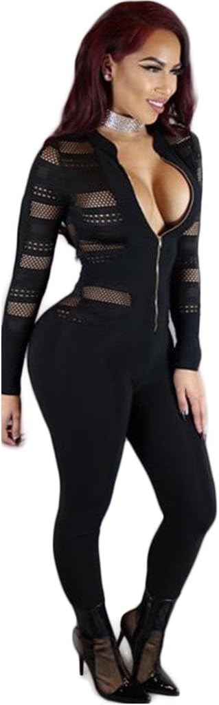 Star Han Sexy Mesh See Through Splice Zipper Front Long Sleeve Bodycon Jumpsuit