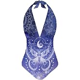 Irisjudy Colorful Tummy Control Bathing Suits for Women, V Neck One Piece Swimsuits Self Tie Halter Swimwear Plus Size