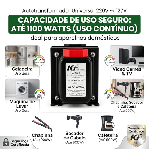 Autotransformador Bivolt 2000VA (1100W Reais) - Conversor de Voltagem 110V/127V para 220V e 220V para 110V - Transformador para TV, Notebook, Impressora, Videogame e Cafeteira - Proteção Térmica