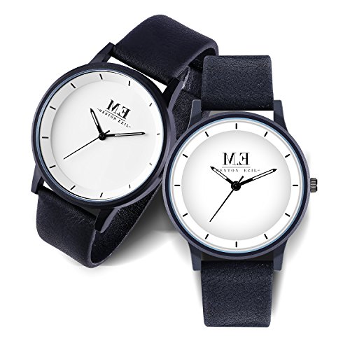 Menton Ezil Simple Couples Gifts Watches White Dial Leather Band Quartz Analog Wrist Watches for Her and Him - Sets of 2