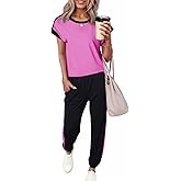 Dokotoo Women's 2 Piece Outfits Sweatsuit Colorblock Comfy Lounge Sets Knit Short Sleeve Jogger Sweatpants Tracksuits