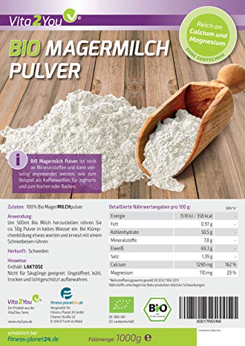 Vita2You Bio Magermilchpulver 1000g - 100% Bio Qualität - zum Backen - KaffeeweiÃer - Milchpulver für Joghurts - 1kg - Premium Qualität – Bild 3
