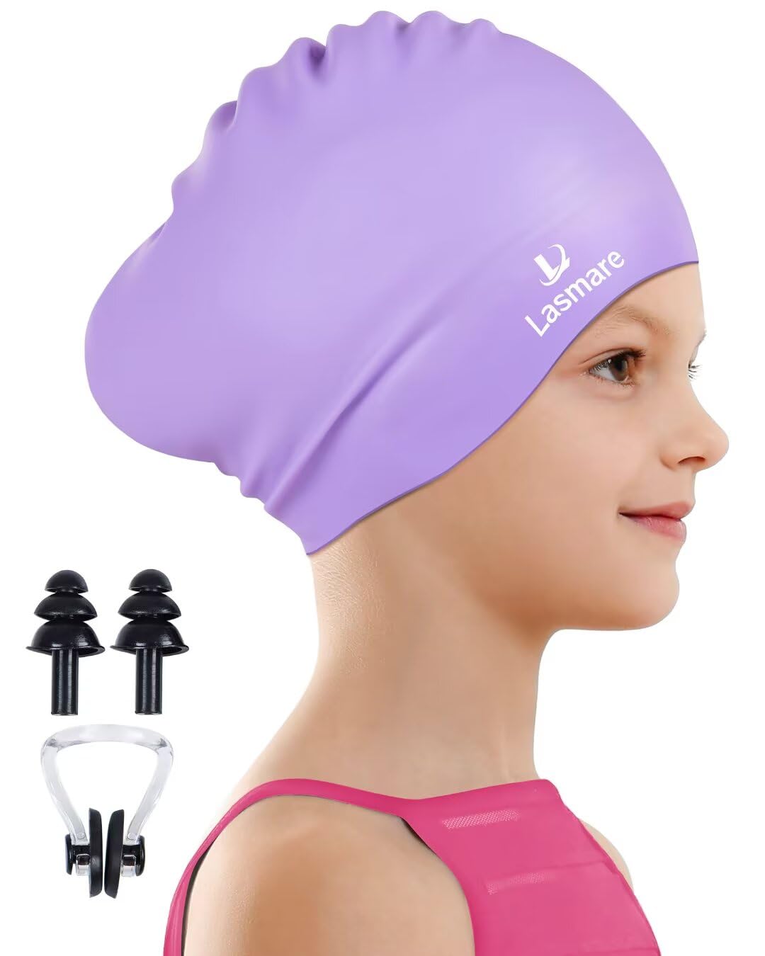 Photo 1 of Kids Long Hair Swim Cap for Girls Boys, 3 Size Silicone Swimming Cap for Age 1-15 Toddler Children Teens, Waterproof Swim Hats Bathing Caps with Ear Plugs & Nose Clip to Keep Hair Dry (Age 8-15/Purple)