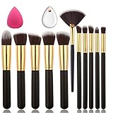 DLFE Makeup Brushes Premium Makeup Brush Set, 11 Pieces Synthetic Kabuki Cosmetics Eyeshadow Face Foundational Brushes with 2 Piece Beauty Sponge (11+2Pcs,Black/Golden)