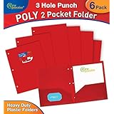 2 Pocket Folder Poly/Plastic Folders Heavy Duty to use at school or office For Letter Size Papers, Includes Business Card Slot 6 PACK (6 PACK RED) by New Generation - 3 HOLE PUNCHED