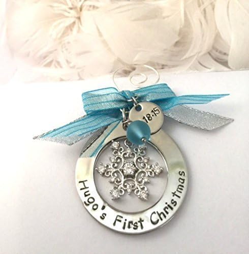 An adorable 2017 Blue Baby's 1st Christmas Holiday Personalized Hand Stamped Snowflake Tree Ornament Perfect for Boy or Girl