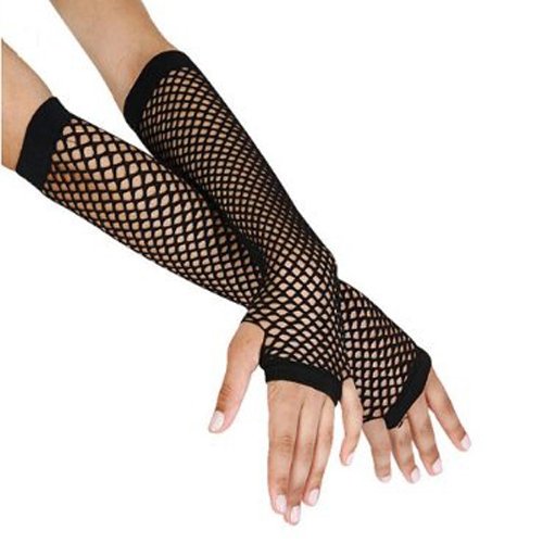Komonee Black Fishnet Gloves Long Fingerless Arm Warmers, Elbow Length Mesh Sleeves for Women, Stretchy Sheer Opera Style for Rave Cosplay Halloween 80s Costume, One Size