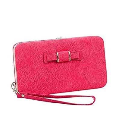 Leather Retail Women Girls Leather Bow Wallet Clutch (Rose Red)