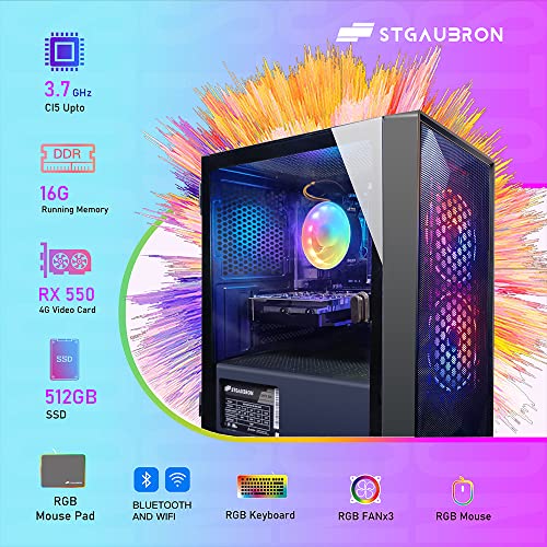 STGAubron Prebuilt Gaming PC Desktop, Radeon RX 550 4G GDDR5, Intel Core i5 up to 3.7GHz, 16G RAM, 512G SSD, WiFi, BT 5.0, RGB Fan x2, Windows 11 Home
