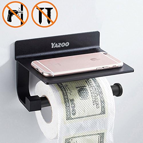YAZOO Wall Mounted Toilet Paper Holder Black Stainless Steel Roll Holder With Mobile Phone Storage Shelf Adhesive Bathroom Accessories